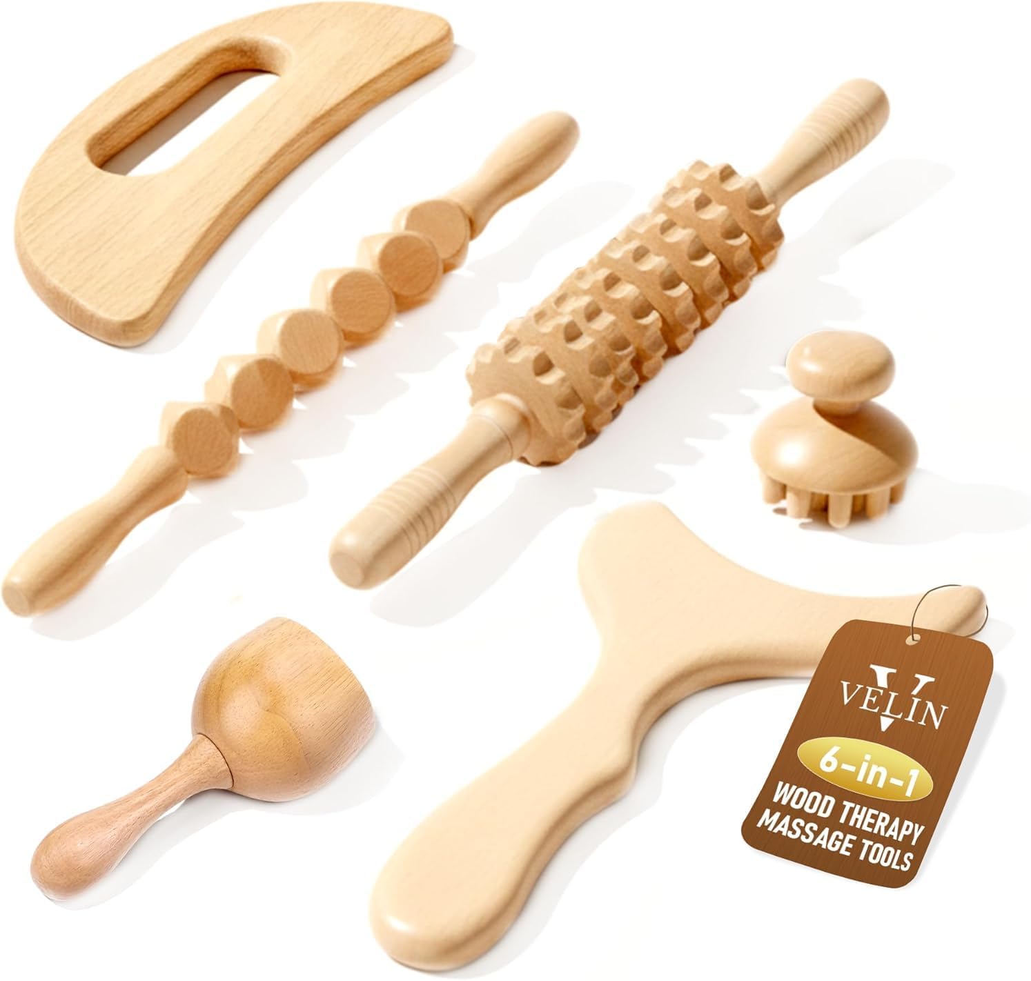 6-in-1 Wood Therapy Massage Tools – Wooden Massager Kit for Lymphatic Drainage