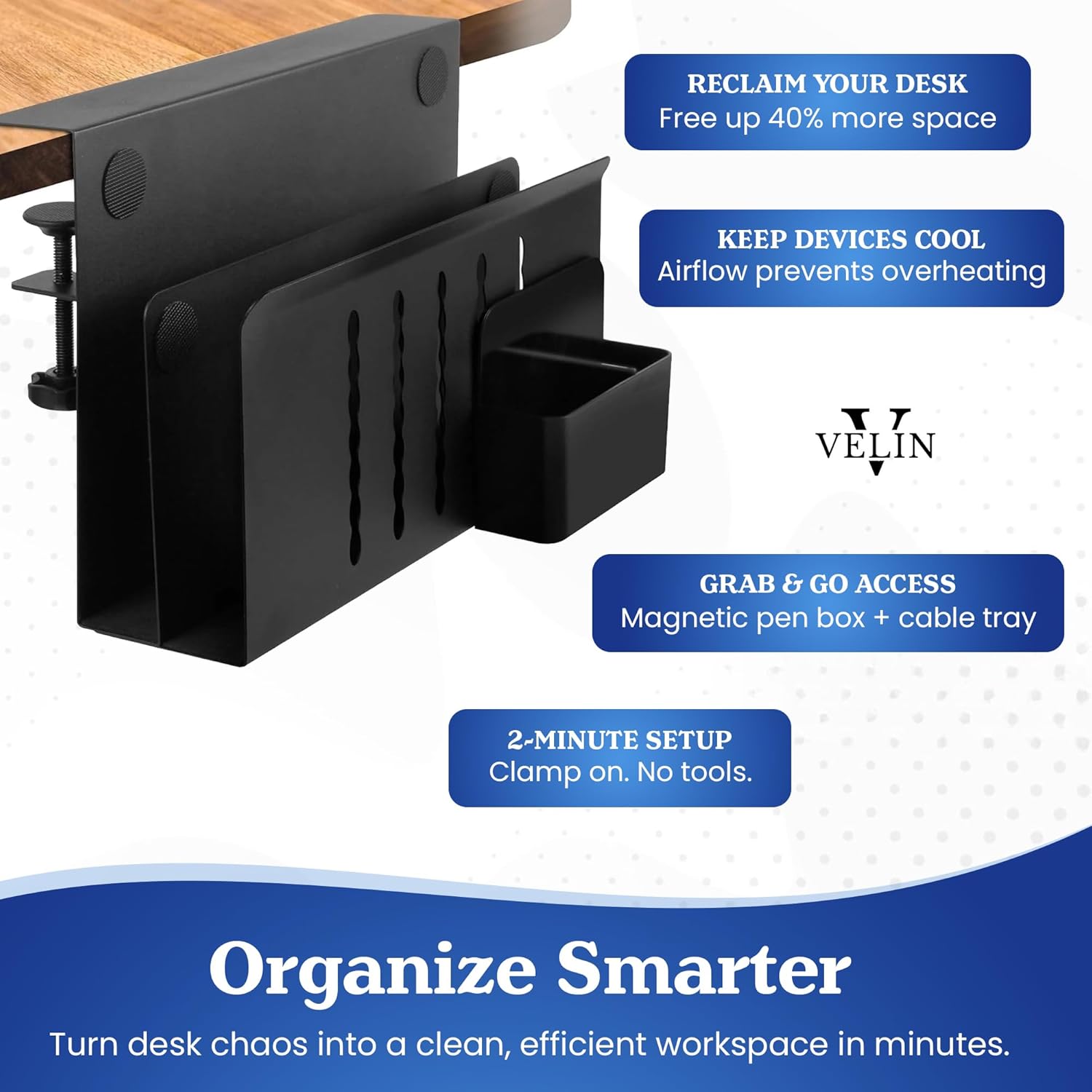Clamp On Desk Side Storage – 2-Tier Laptop Holder with Magnetic Pen Box
