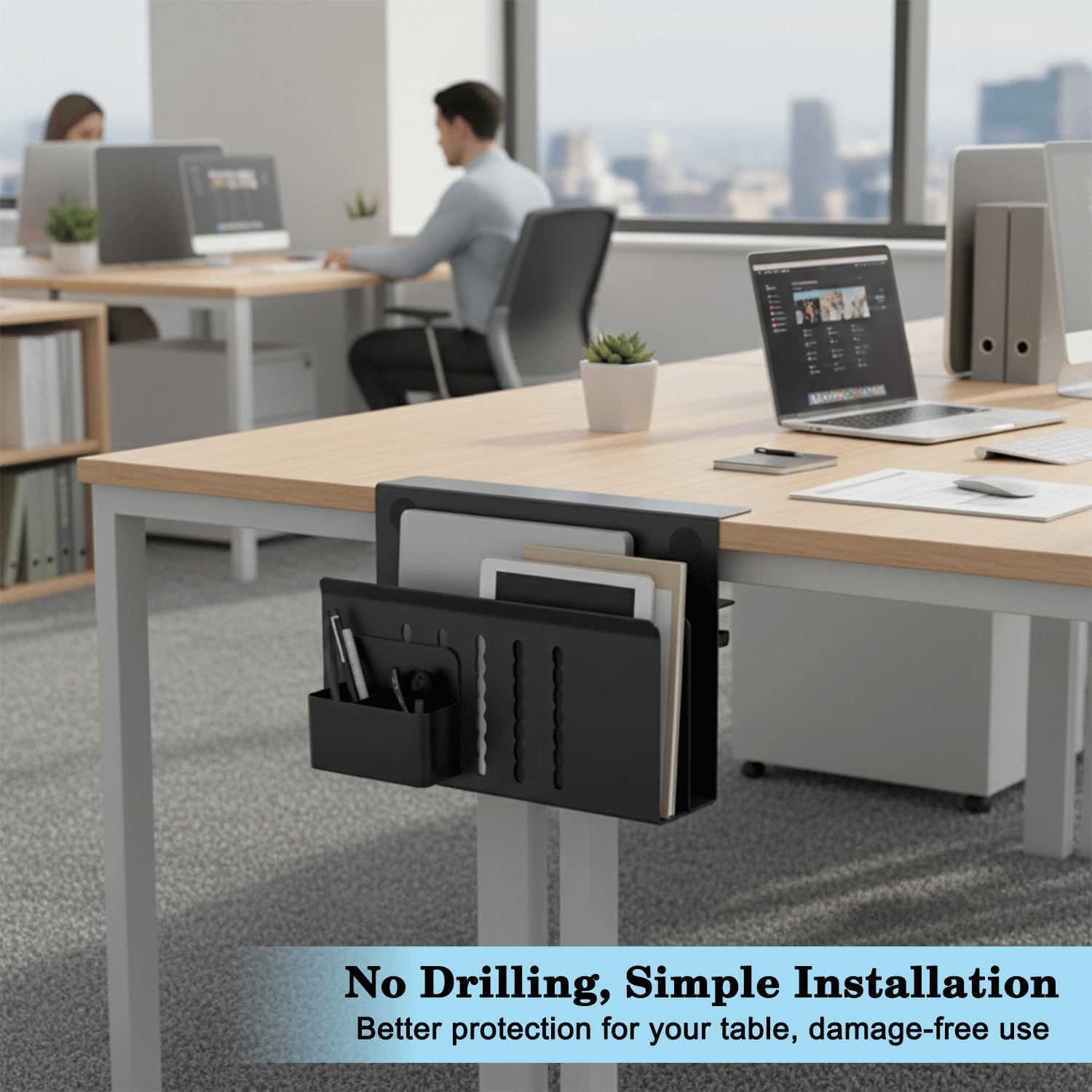 Clamp On Desk Side Storage – 2-Tier Laptop Holder with Magnetic Pen Box