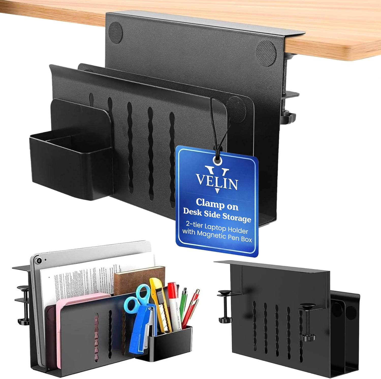 Clamp On Desk Side Storage – 2-Tier Laptop Holder with Magnetic Pen Box