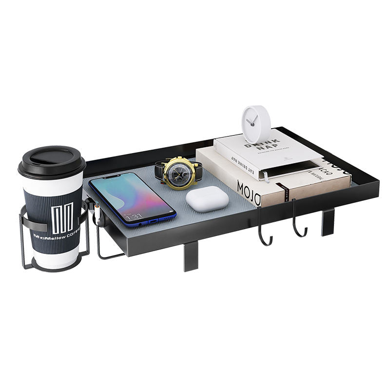 Floating Bedside Shelf with Cup Holder Black Metal Single Tier Tray Organizer